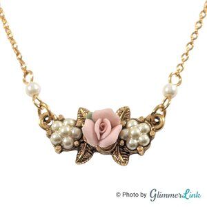 1928 Porcelain Rose Necklace Gold Tone Faux Pearl Station Accents